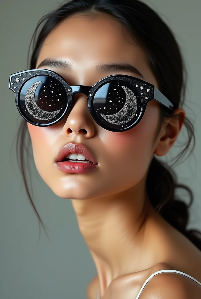 The model is wearing glass sunglasses with stars and the moon on the glass