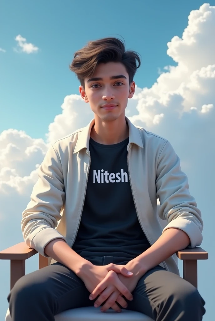 A boy
sitting on the chair and wear black t shirt and white jacket and Nitesh name written on front of his shirt with white colour and background in heaven and look very handsome