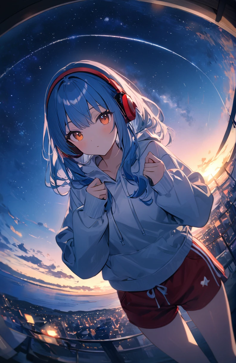 ((Amazingly absurd)),超High resolution, Attention to detail, high quality, High resolution, 最high quality, 4K, 8k、1 pretty girl、Blue Hair、White hoodie、Red headphones、Navy blue shorts、Night view、Starry Sky、Fisheye Lens