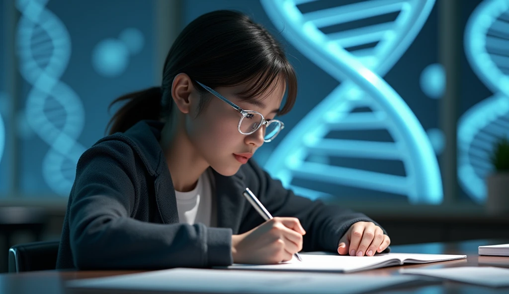 A DNA double helix and chromosomes in the background, with a student taking notes on Biology.