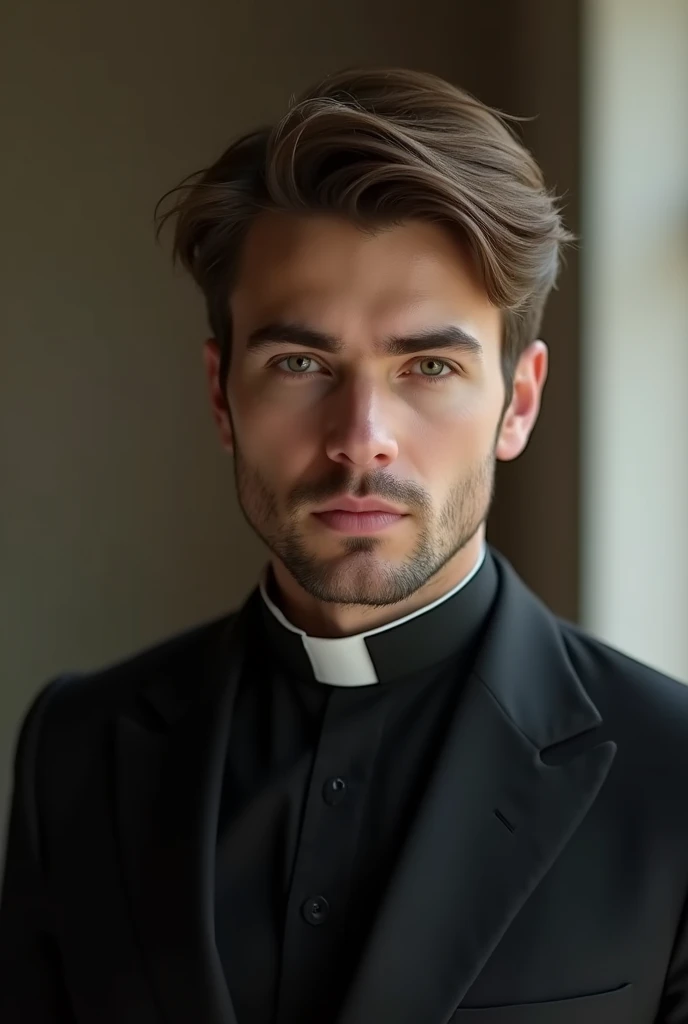 a young man of about twenty-five years old, Brown hair, Brown eyes, Tez blanca, clean-shaven and fine-featured, in a black suit and with a realistic priest&#39;s collar