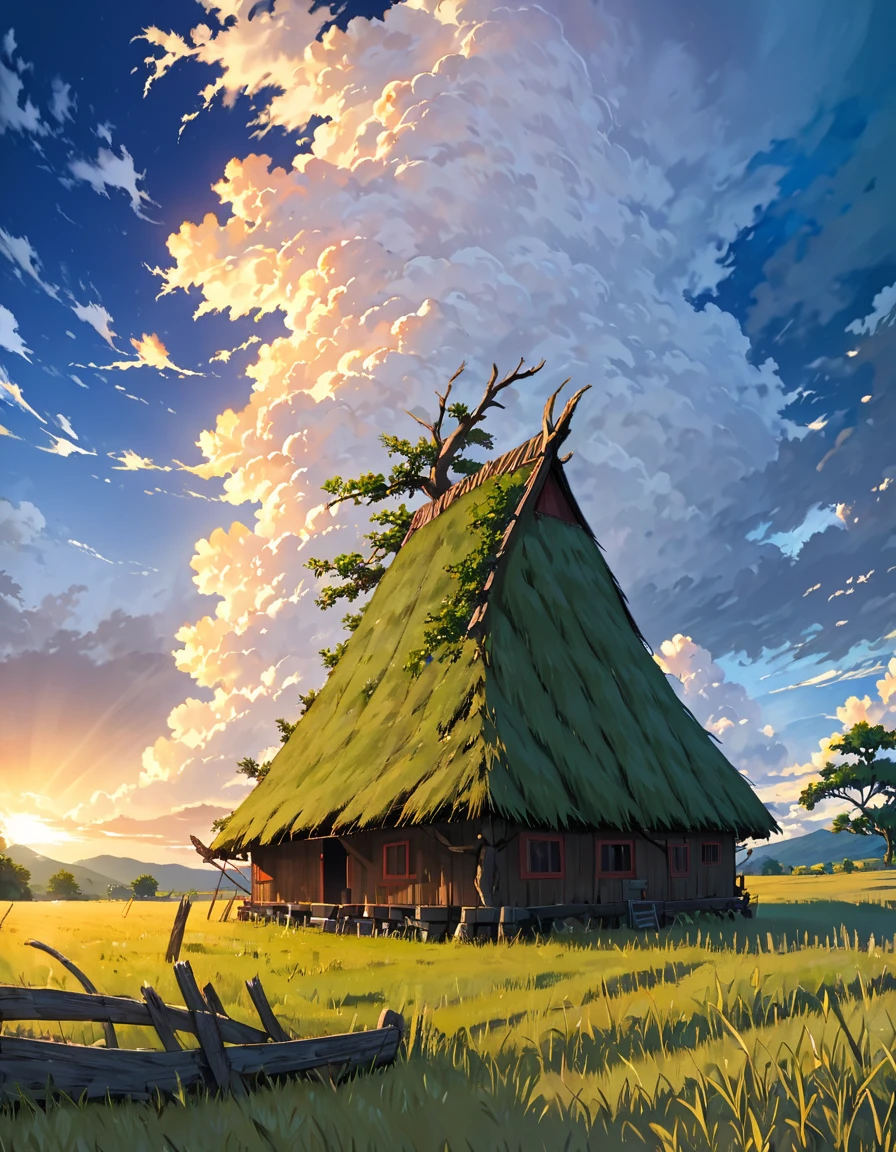 Masterpiece 8k Studio ghibli cabaña acogedoraMasterpiece 8k Studio ghibli cabaña acogedora A serene landscape of a grass field under a hellish sky with clouds. shadow, sunset natural light lighting!!!!! tejado arbol 8khdr!!!! shadow, sunset natural light lighting!!!!! noche media luna noche azulado acogedora increible 8khdr!!!! cielo azul