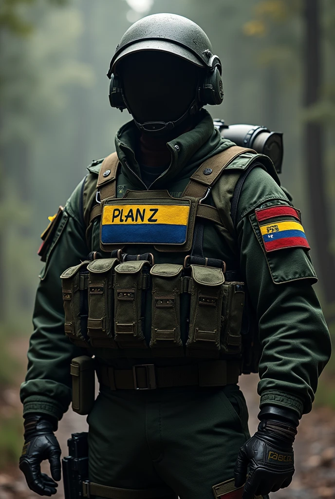 Believe me, a commando-type commander with his face covered, Venezuelan and with the phrase Plan Z, improve it by placing the name Commander Pablo on the side of the uniform on the chest. Leave this image the same, just change the name on the chest to Pablo and add Venezuelan flags on the arms., But don't change the image, leave it the same, just improve it with the orders I gave you.