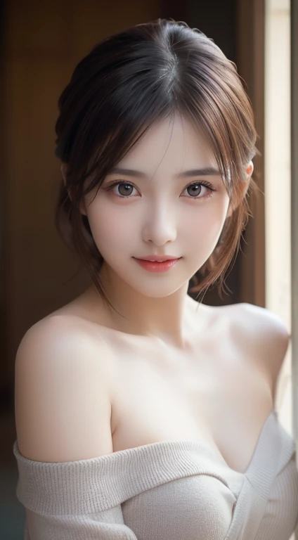 1girl, Extremely cute, amazing face and eyes, (extremely detailed beautiful face), (Ultra realistic), (highly detailed eyes, highly detailed hair, highly detailed face, highly detailed plump lips), naked, (off shoulder), breasts, upper body, caute smile, (best quality:1.4), Raw photo, (realistic, photo-realistic:1.37), professional photography, cinematic light,