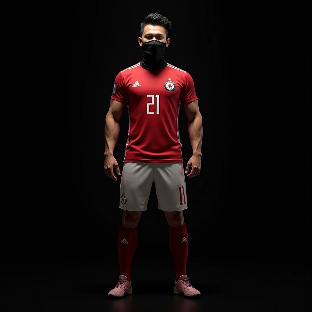 "A male soccer player from Indonesia, standing 175 cm tall and weighing 65 kg. He has well-defined, lean muscles in his arms, body, and legs, without being bulky. He is wearing the Indonesian national team's soccer jersey with the number 21 on the back. His face is covered with a mask, and he has black like british army. The background is black, and the image should be as realistic as possible with no flaws."