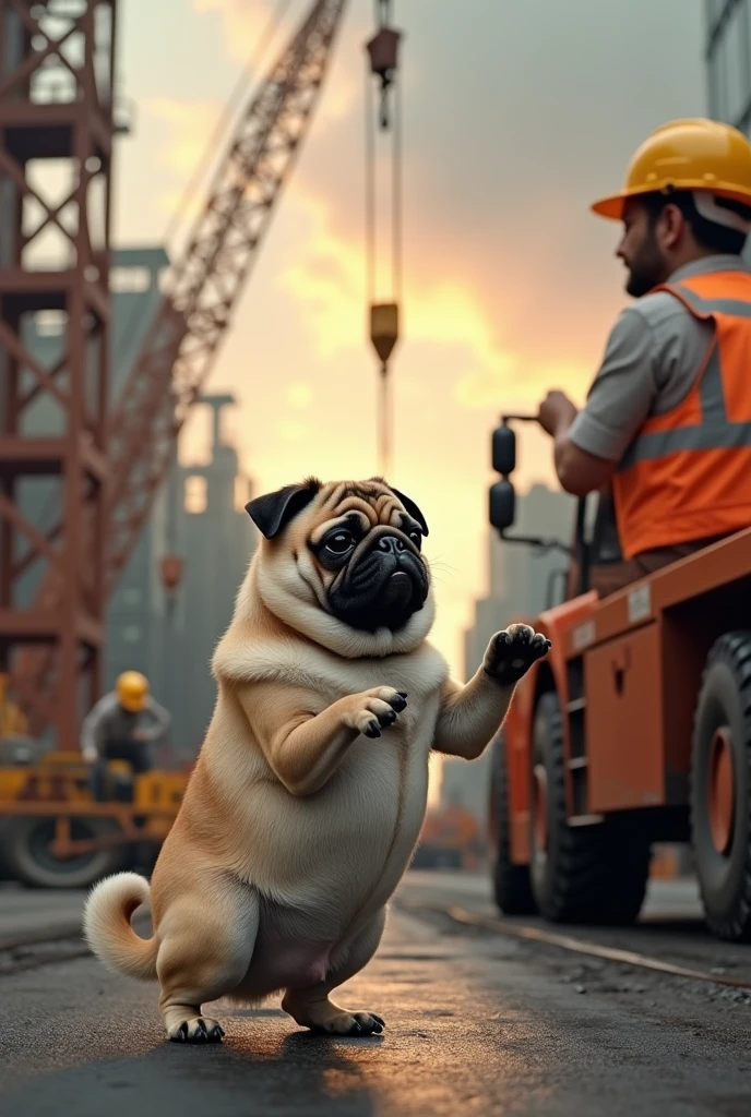 a pug dog signaling to the crane operator