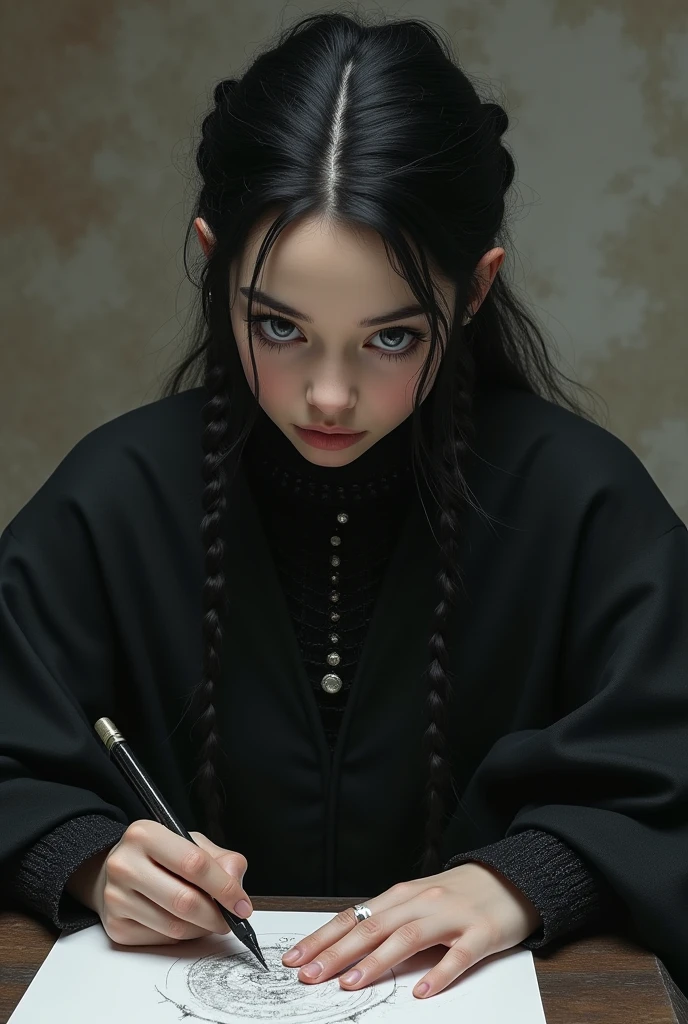 One is , caucasiano, he would be, braided hair with bangs, Bblack hair, grey-eyed, detailed black dress, drawning.