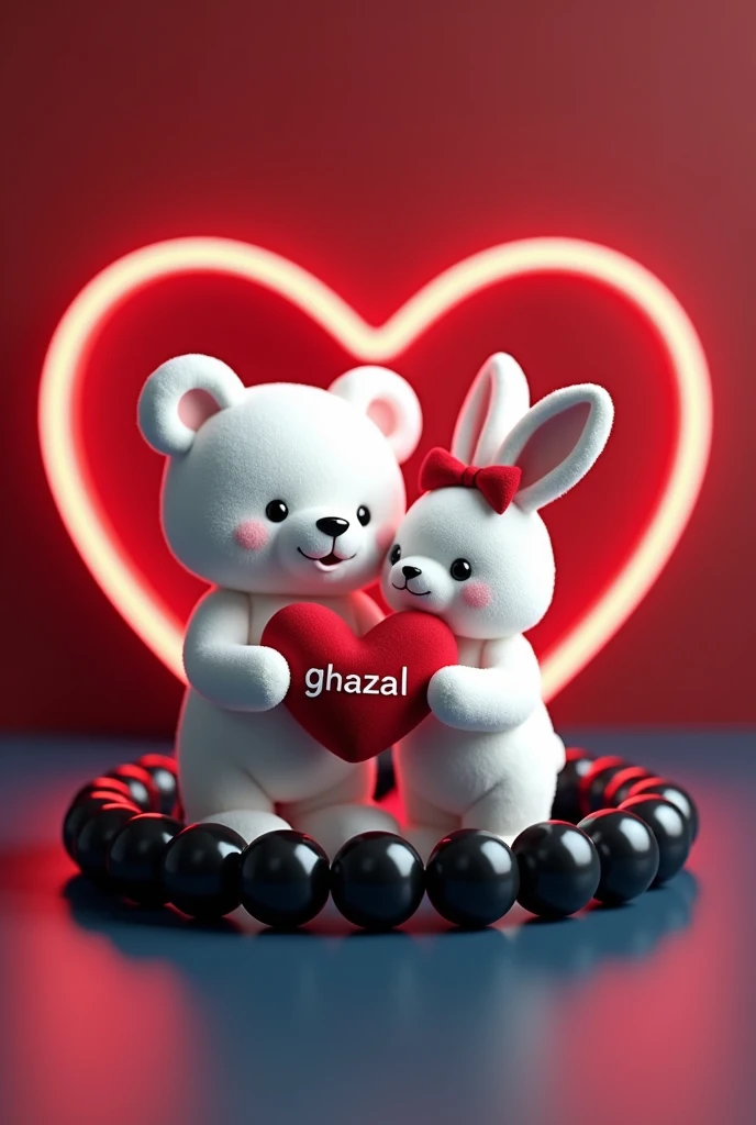 A 3D render of a white teddy bear and a white bunny rabbit wearing a red bow holding a red heart "GHAZAL" written on it in Capital alphabets, are standing in a black beaded bracelet. The bracelet is sitting on a dark red and blue surface with a neon red heart shape in the background.  The image is in the style of a cute cartoon.