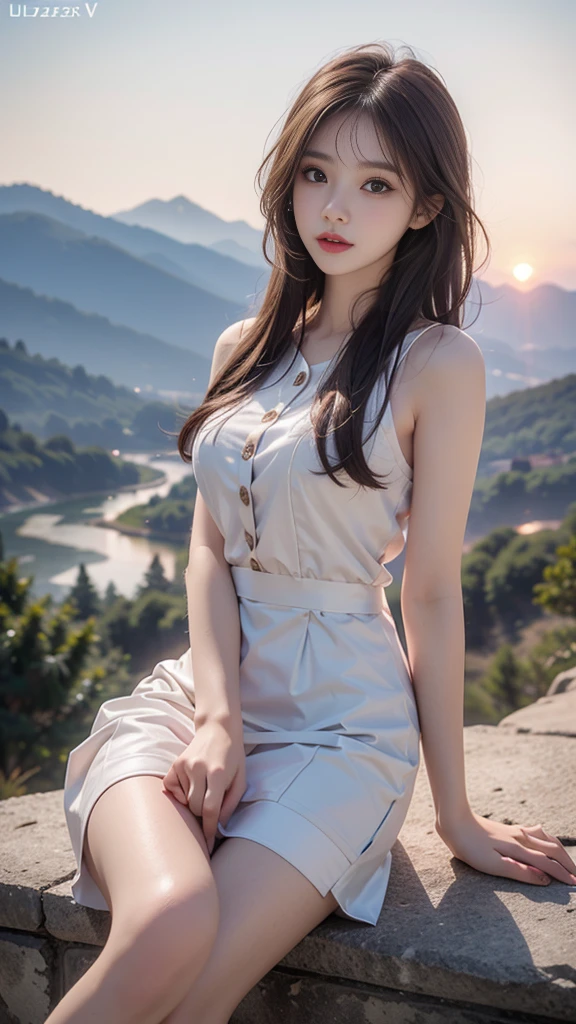 ulzzang-6500-v1.1, (RAW photo: 1.2), (Real photo), (Real photo: 1.4), 1 girl、Perfect anatomy、1、Looking at the camera、Medium length hair、Uniform dress, watching the sunset, ((in the mountains: 1.1))、(Business service)、Asian eyes Ella,