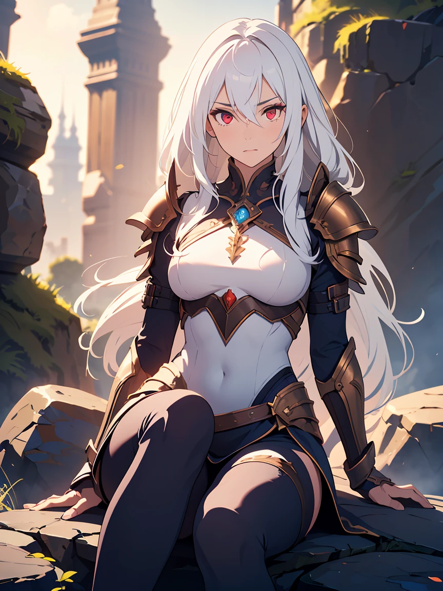 Drow female from baldur's gate, best quality, ultra-detailed CG unity 8k wallpaper, sitting on a boulder, high resolution, dynamic pose, beautiful face, (dark platemail armor, red eyes), depth of field, underdark setting, magic light), (high fantasy) (white Hair, long flowing hair)