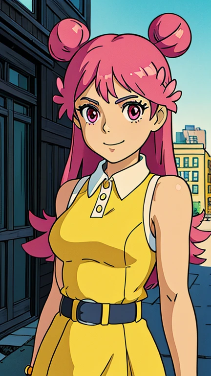 (1girl, AmiOnuki), (extremely detailed CG unit 8k wallpaper),(master part), (best quality), (ultra detail), (best illustration),(ghibli style), cowboy shot, (Sharp eyeliner, ombre, detail eyes:1), city park, outdoors , break , (GHIBLI_Background), upper body, pink hair, (long hair), bracelet, hair ornament, hair flower, dress, yellow dress,collared ,belt,miniskirt,hair buns,sleeveless,hair bun, ((double bun)),solo,breast,[smile],pink eyes,