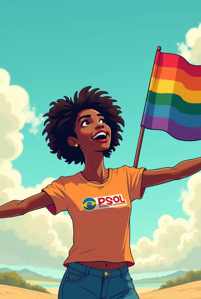 Cartoon drawing of a black woman far away and happy and looking up, cabelo cacheado e curto, wearing a PSOL shirt and holding a lesbian flag