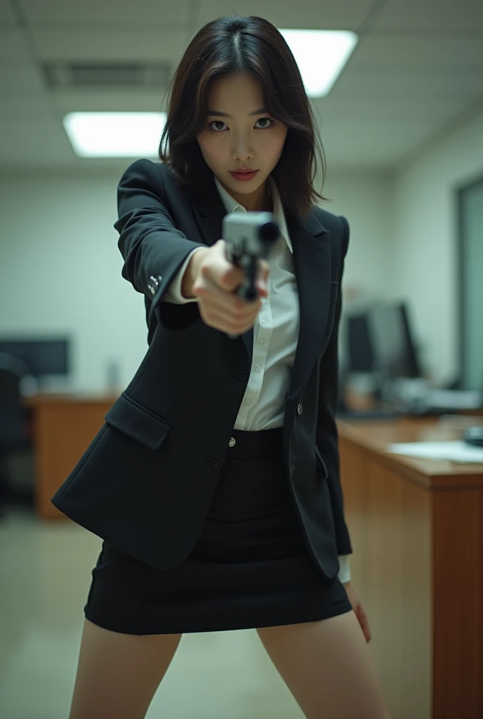 beautiful sweet big eyes office lady korean low mini skirt standing legs spreading full portrait shotgun point at you front facing with shotgun rampage