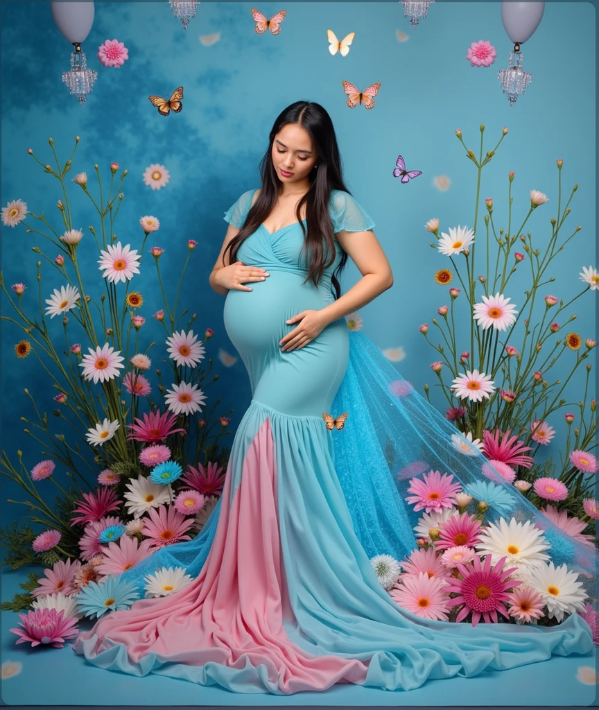 pregnant woman in a blue dress surrounded by flowers and butterflies, a colorized photo by Bernardino Mei, trending on cg society, art photography, cyan photographic backdrop, maternal photography 4 k, full body photoshoot, pink and blue colour, full body pose, * colour splash *, blue and pink colour splash, modeling photography, belly free teal dress, colored photography, full body wide shot