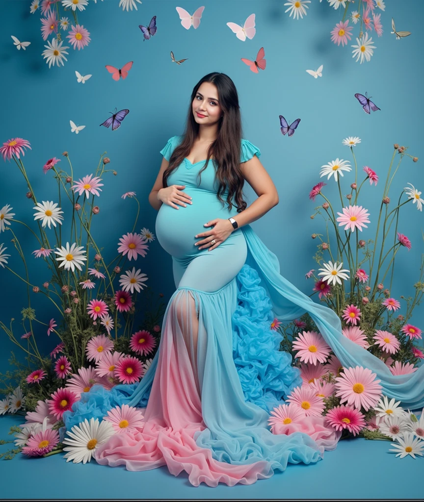 pregnant woman in a blue dress surrounded by flowers and butterflies, a colorized photo by Bernardino Mei, trending on cg society, art photography, cyan photographic backdrop, maternal photography 4 k, full body photoshoot, pink and blue colour, full body pose, * colour splash *, blue and pink colour splash, modeling photography, belly free teal dress, colored photography, full body wide shot