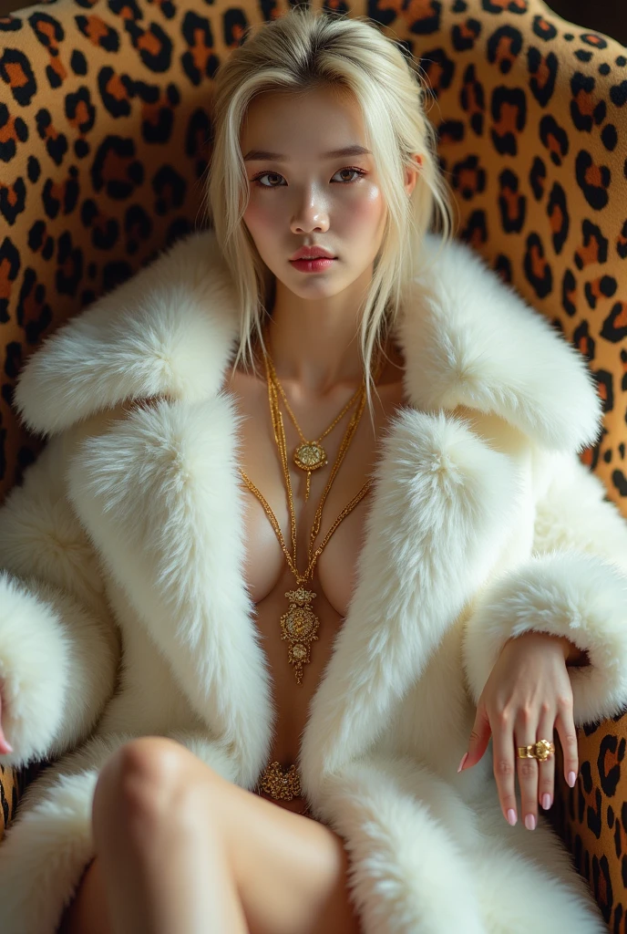 ((whole body)), ((head to leg)), ((all the body)), ((from below)),1asian girl,alone, ((stand up, leaning on ledge)), ((lean forward)), ((The features are clear, clear face, clear face)), sexy young korean girl, korean, realistic, real,8k, clean, super young girl with a blonde gorgeous hair, ager, pale skin, her face is also very beautiful and young. sexy, She has a fit body. wearing huge white fur coat, big leopard fur hat, fur coat covering all the body, wearing big fluffy fur, sitting on leopard fur throne, throne covered with leopard fur coat, on the fur mug, gold necklaces, alots of gold jewerly, white skin,princess cute, bite lip, messy long hair, Simple and casual scene, Very detailed, Ultra-clear, best quality, official art, exquisite earrings, exquisite necklace, Very detailed description, Super beautiful painting, Sophisticated functionality, elegant, beautiful, Super fine details, masterpiece, Authentic texture, Realistic movie lighting, masterpiece, best quality, wearing huge white fur coat, many jewelry, alots of gold jewelry, every finger has golden rings, her sexy leg , she wearing fur slippers, holding a feather stick, fluffy feather stick, wearing huge crown, she has huge titties, she don't wear anything except fur coat, petting dog