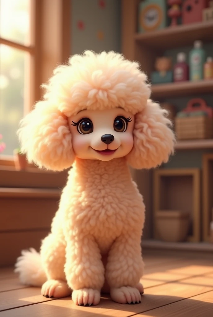 champagne poodle, medium poodle, poodle femea fofa, in a pet shop with the background blurred leave it in the corner of the image