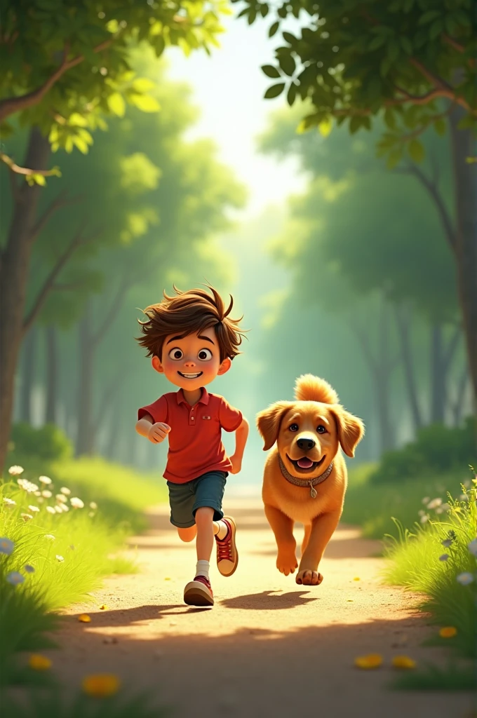 The boy Lucas and Max the golden labrador dog run home through the park