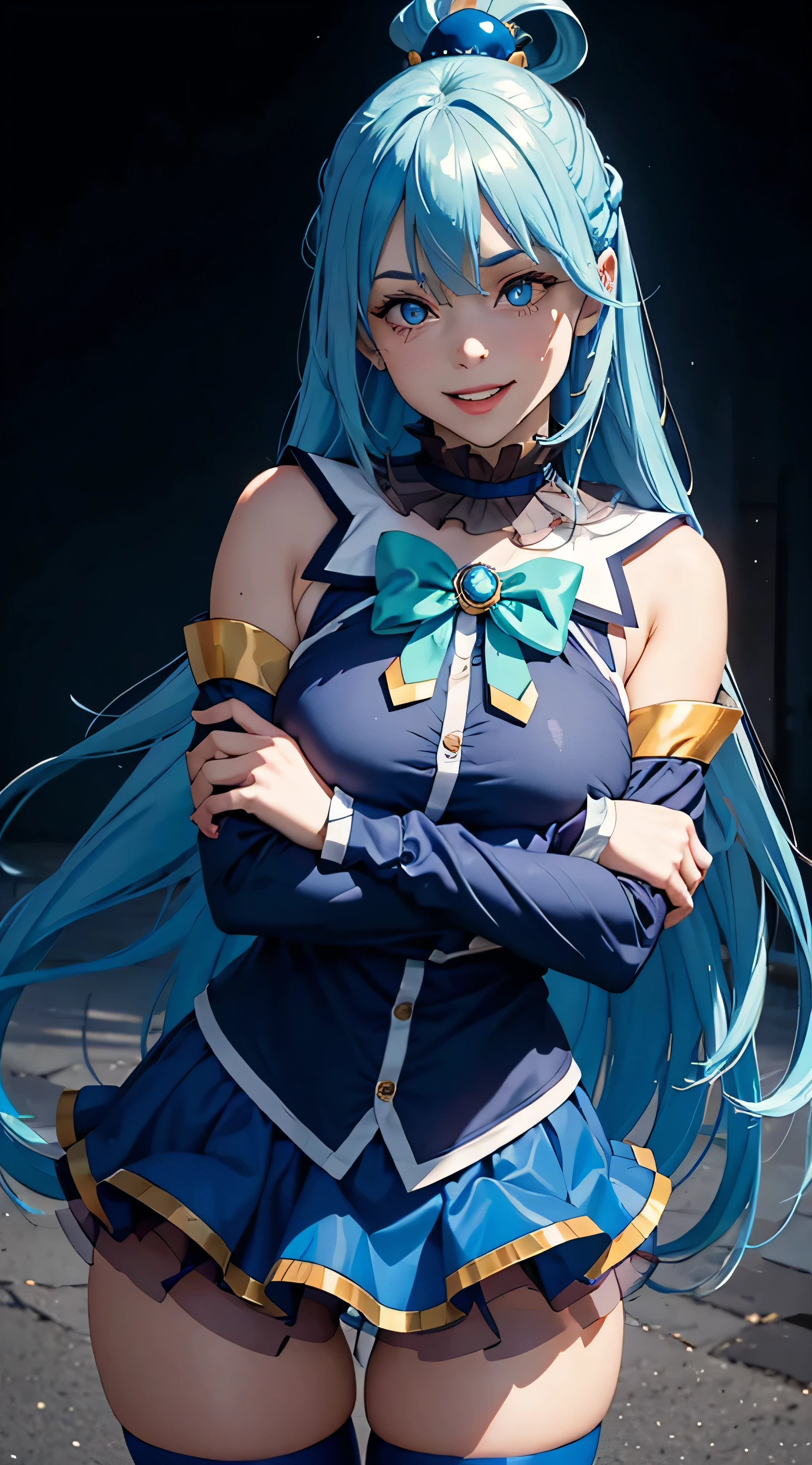 (masterpiece, best quality:1.2), expressive eyes, perfect face, highres, 1girl, solo, aaaqua, long hair, blue hair, hair rings, hair ornament, choker, bare shoulders, green bow, blue shirt, detached sleeves, blue skirt, thighhighs, happy smiling, standing, upper body, portrait, looking at the viewer,curvy,,oily skin,shiny skin,most evil huge laugh,lipstick,sadistic smile,deep shaded face(eyes in shadow),singlebraid,smile worst,worst ridecule,most evil moukery,,onebraid,,two hands,five fingers,dark aura background,A face full of evil,most evil ridicule,,horor, Violence, , The Empowerment of Evil, monster,