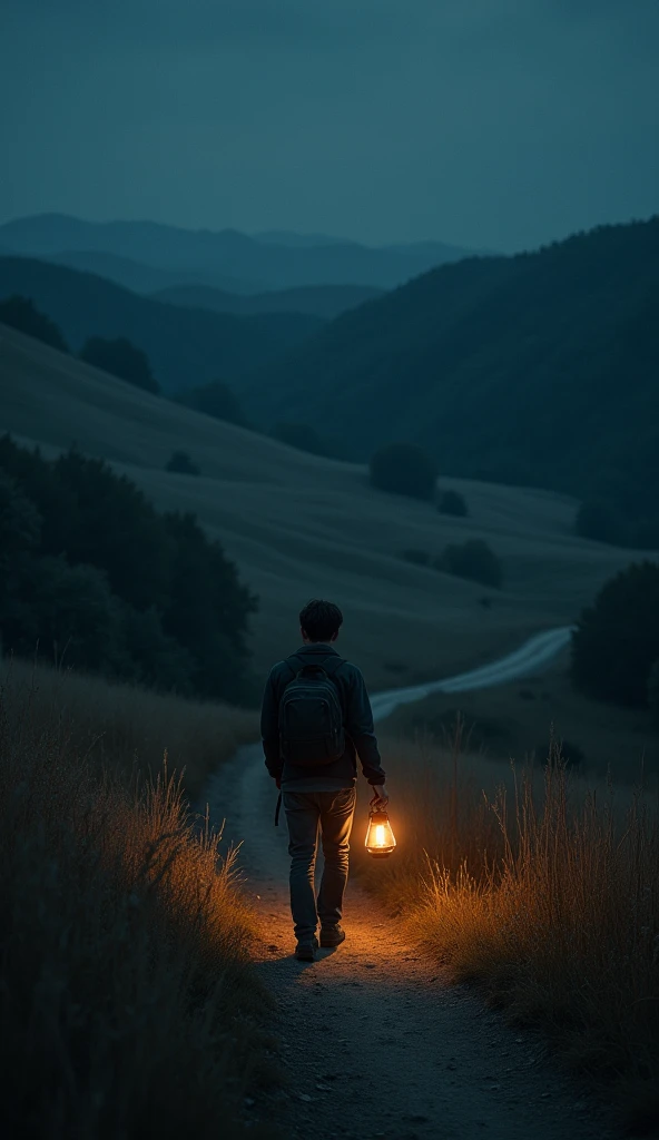 Young man leaves his car on the side of the road and walks in a deserted place towards the countryside In the middle of the night, holding a lamp in his hand