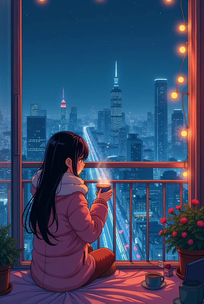 80's、comics、Balcony、Night view、girl、winter、Mug、cocoa、cute、Black Hair、Tokyo、80'sアニメーション、