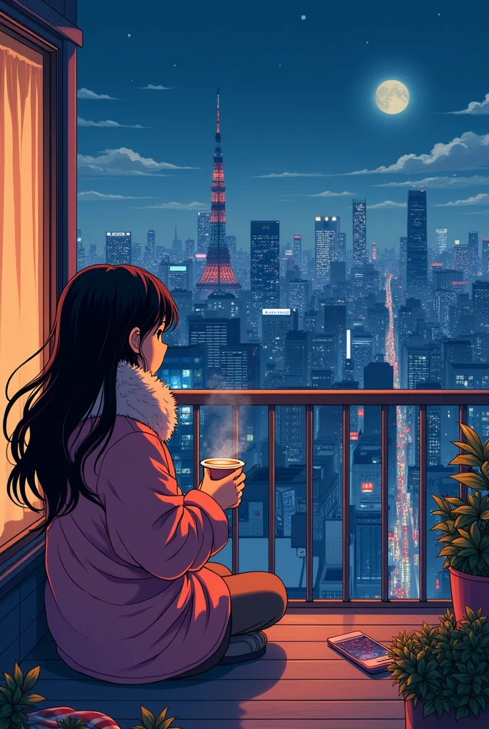 80's、comics、Balcony、Night view、girl、winter、Mug、cocoa、cute、Black Hair、Tokyo、80'sアニメーション、