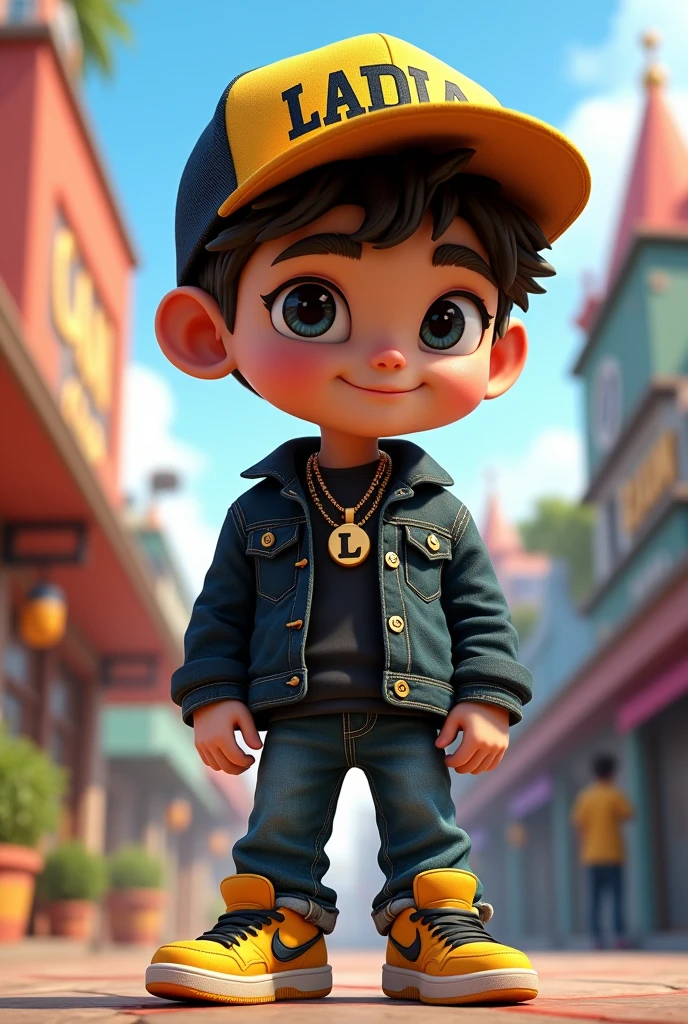 A 1 modern boy ,wear a cap and on writing bold name is"LADI" , YELLOW SHOES ,DENIM BLACK JACKET ,FACE HIGH DETAILS,NECK IN "L" WORD LOCKET , BACKGROUND IN WRITE"CHANDIGARH CLUB , BACKGROUND COLOURFULL,SLOW SMILE, ATTRACTIVE SMILE,