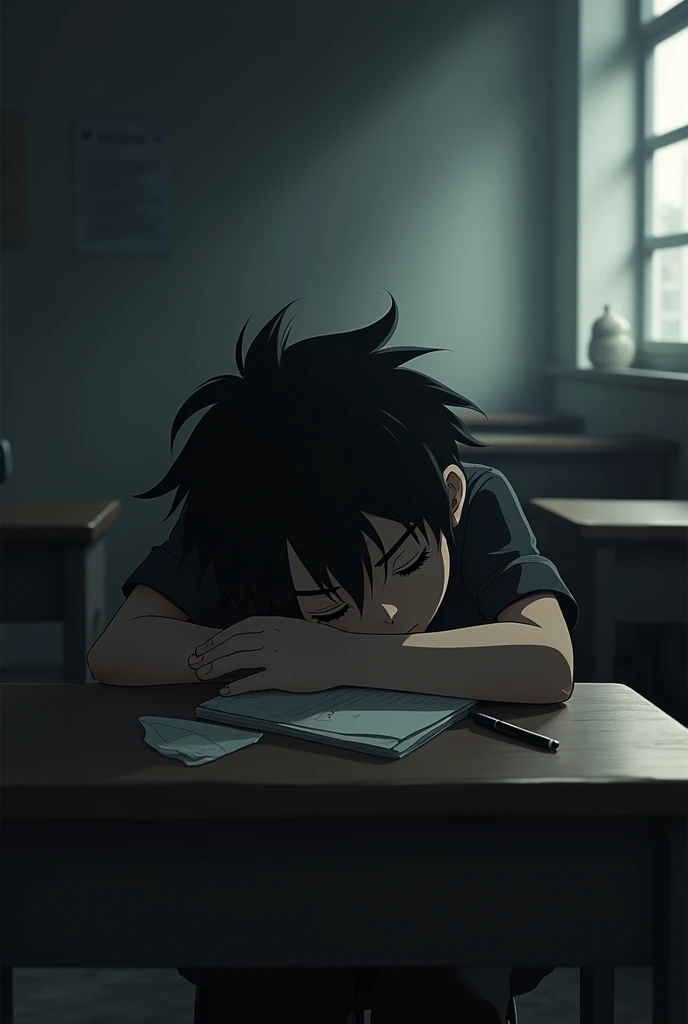 Anime 2d black and white teenager yrs sleeping in classroom with spiky hair