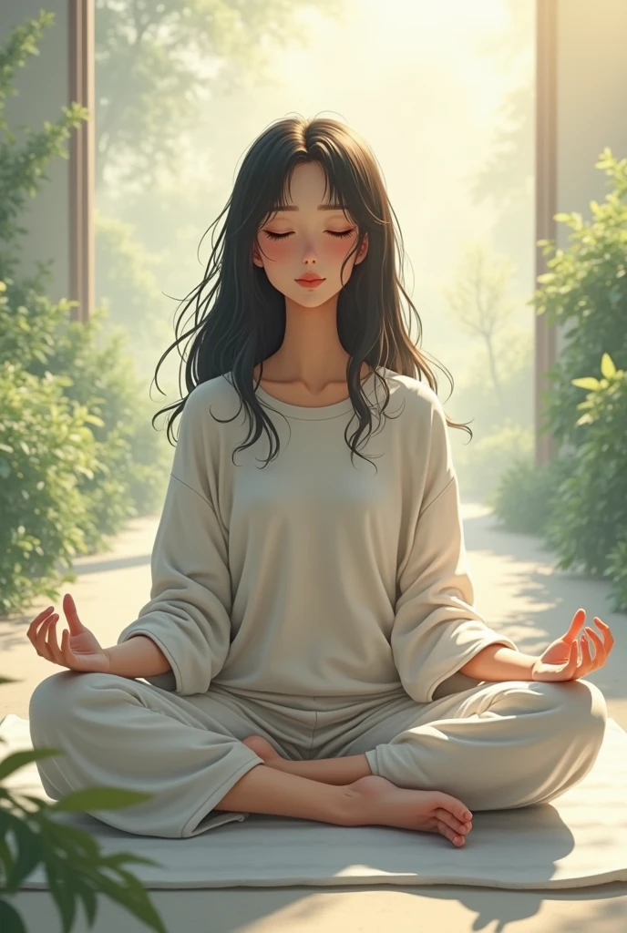 That's a beautiful image! A girl sitting in meditation conveys a sense of:

- Inner peace
- Calmness
- Focus
- Mindfulness
- Serenity

It's a lovely representation of taking a moment to connect with oneself and find stillness in a busy world.