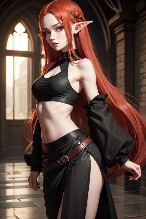 elf girl, pale skin, long loose red hair. Dressed in a long black skirt, with slits on both sides, black crop top, Wellingtons. It's erotically worthy, bites her lower lip and purple flames fly around her
