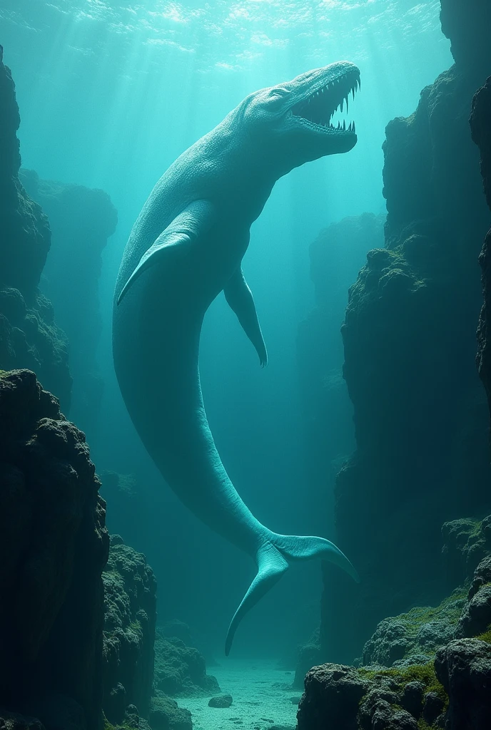 Cetus beast from Greek mythology, It is 20 meters long and translucent turquoise blue in color., no arms and legs, is underwater, with rock platforms