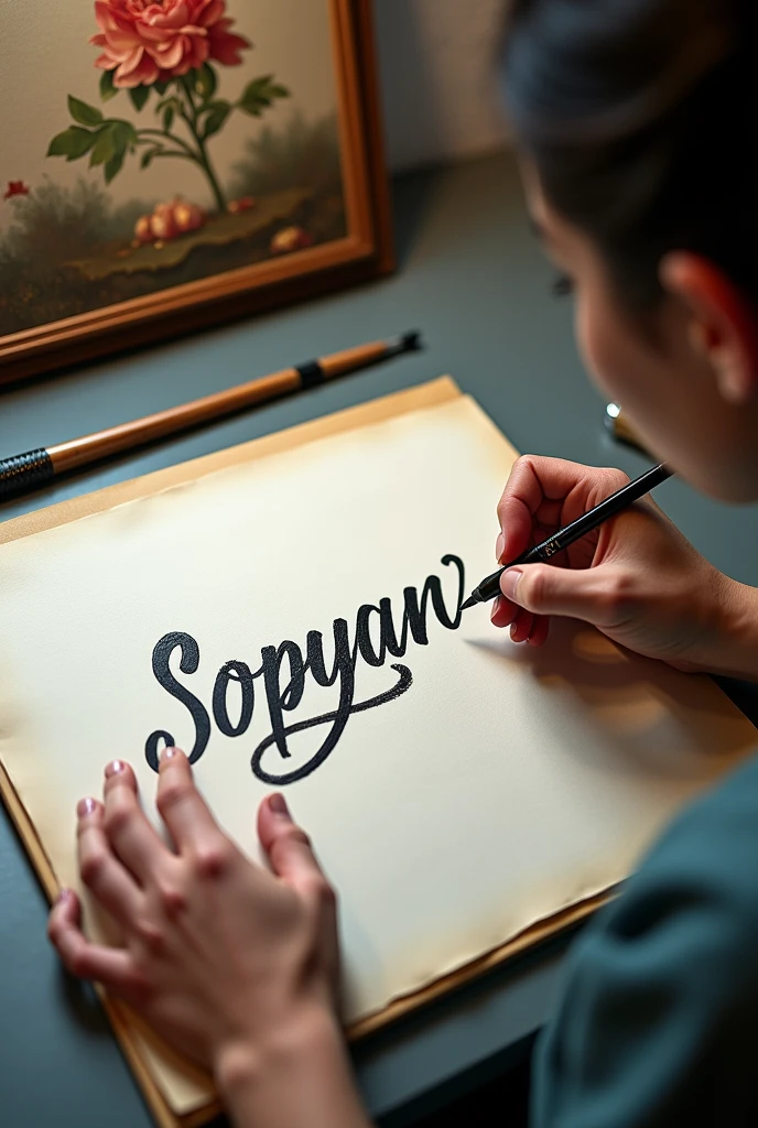 Write SOPYAN ANSORI on drawing paper using a nice and beautiful font with a background of a person showing a painting of the name.! but just show his hands