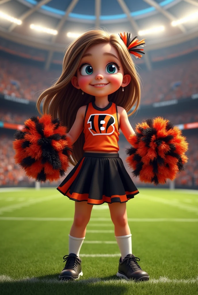 Bengals cheerleader Child with brown hair blue eyes on football field tiger name of Grace on banner
Pompoms orange & Black outfit black shoes