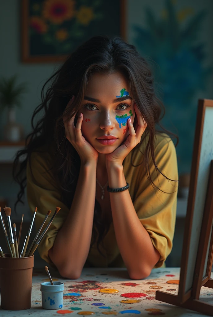 A woman is painting her own face
