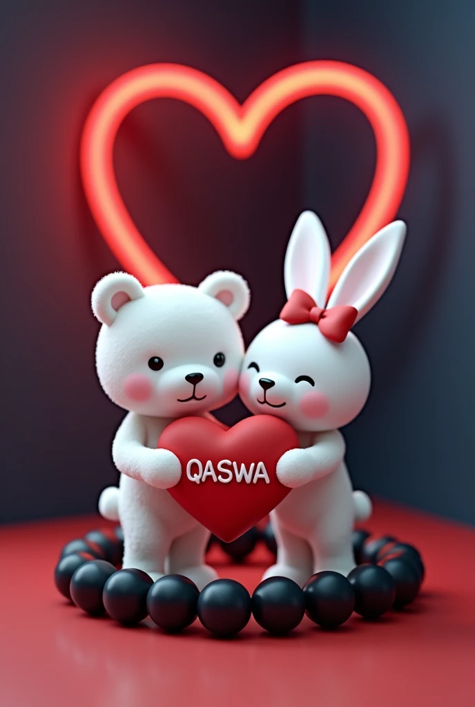 A 3D render of a white teddy bear and a white bunny rabbit wearing a red bow holding a red heart "QASWA" written on it in Capital alphabets, are standing in a black beaded bracelet. The bracelet is sitting on a dark red and blue surface with a neon red heart shape in the background.  The image is in the style of a cute cartoon.