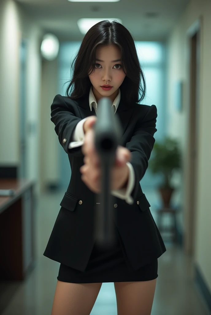 beautiful sweet big eyes office lady korean low mini skirt standing legs spreading full portrait shotgun point at you front facing with shotgun rampage

