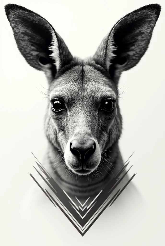 A kangaroo face frontal where the left half of the face is realistic and the right half of the face is made with geometric lines for tattooing