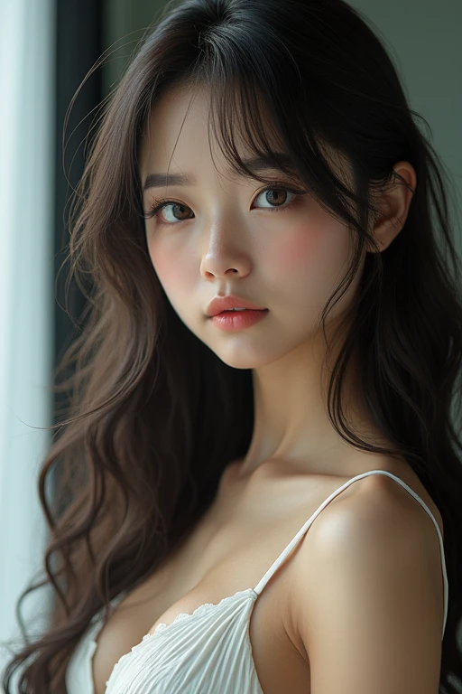 filmg, film portrait photography, 1girl, bare shoulders, wavy shoulder-length hair, serene, calm, (realistic detailed eyes, natural skin texture, realistic face details), soft dramatic lighting, depth of field, bokeh, vibrant details, finely detailed, hyperrealistic, 35mm film, hazy blur