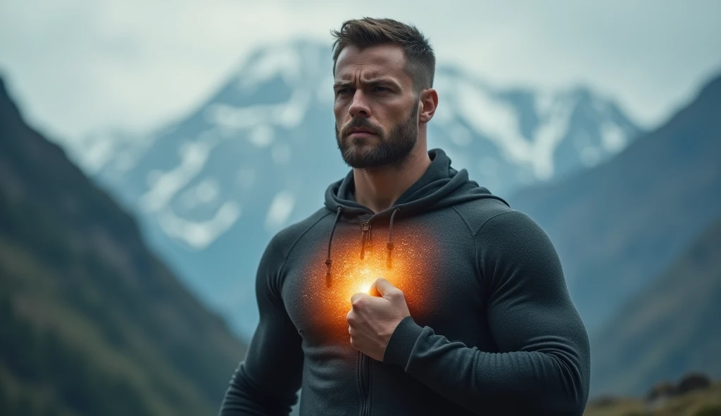 Create a realistic image where "A man standing with a clenched fist over their heart, with a soft, glowing light emanating from their chest, symbolizing inner strength and passion. The background is a blurred landscape of mountains, symbolizing challenges and strength. The person’s face is filled with determination, eyes focused ahead, embodying readiness to unleash their inner power."