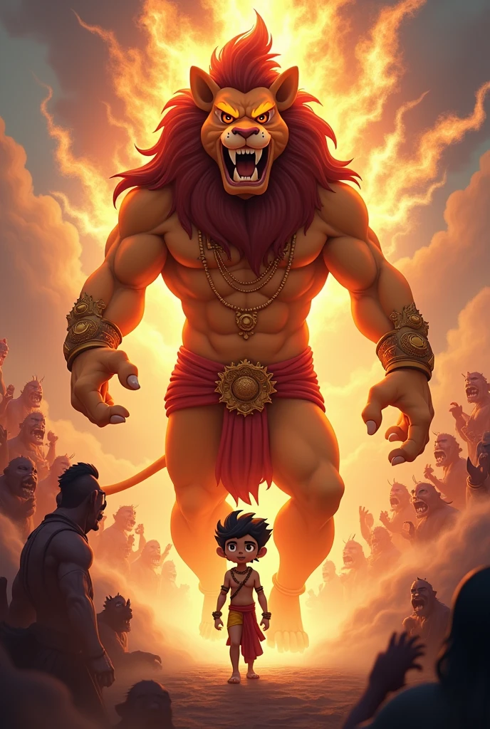 In cinematic 3D cartoon style "Narsimha Avatar

Visual Description: A powerful depiction of Vishnu as Narsimha, the half-lion, half-man form. He is shown emerging from a pillar, fierce and majestic, with a lion’s head and human body, defeating the demon Hiranyakashipu. The background can include a chaotic scene with the demon and the frightened demons, while Prahlada, the devoted child, looks on in awe and relief."