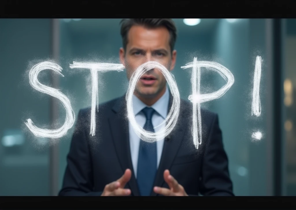 [un giornalista del telegiornale in giacca e cravatta mentre legge le notizie della pandemia, con le immagini relative]. [(Suspended in the air between scene and the viewer, a translucent, almost ghostly black message reads exactly: "STOP!". The text appears as if it's floating, blurred at the edges, with the letters formed from a faint mist or white smoke that lingers in the space. The smoky words are readable, though not overly bright, hovering just in front of his gaze, creating a surreal yet powerful effect. Text exactly says: "STOP!". They seem to be written in chalk. The text says: "STOP!". semi-transparent text that reads 'STOP!' in a dramatic, bold font. The text almost acts as a title, floating in the air, partially obscuring the scene but enhancing the overall tension and urgency of the moment)]