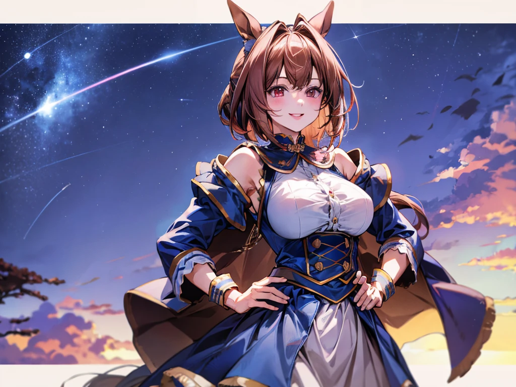 masterpiece, uhd, best quality, highres, 8k、shoot from above、upper body shot。solo、Alone、1Alone。Girl with horse ears、Smile。Brown Eyes、Pink Lipstick、Beautiful breasts、Big Breasts。Shoulder less、Blue evening dress、Feather coat、Attached sleeves、mini skirt。Hands on hips。breeze、cliff、Starry Sky。