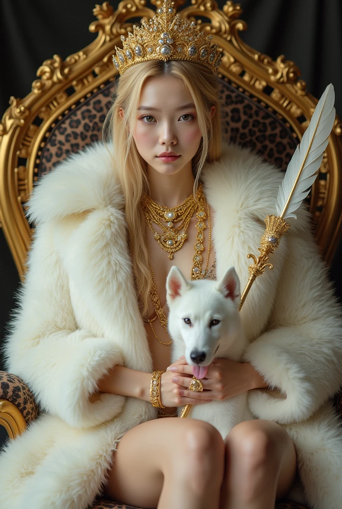 ((whole body)), ((head to leg)), ((all the body)), ((from below)),1asian girl,alone, ((stand up, leaning on ledge)), ((lean forward)), ((The features are clear, clear face, clear face)), sexy young japanese girl, japanese, realistic, real,8k, clean, super young japanese girl with a blonde gorgeous hair, teenager, pale skin, her face is also very beautiful and young. sexy, She has a fit body. wearing huge white fur coat, big leopard fur hat, fur coat covering all the body, wearing big fluffy fur, sitting on leopard fur throne, throne covered with leopard fur coat, on the fur mug, gold necklaces, alots of gold jewerly, white skin,princess cute, bite lip, messy long hair, Simple and casual scene, Very detailed, Ultra-clear, best quality, official art, exquisite earrings, exquisite necklace, Very detailed description, Super beautiful painting, Sophisticated functionality, elegant, beautiful, Super fine details, masterpiece, Authentic texture, Realistic movie lighting, masterpiece, best quality, wearing huge white fur coat, many jewelry, alots of gold jewelry, every finger has golden rings, her sexy leg , she wearing fur slippers, holding a feather stick, fluffy feather stick, wearing huge crown, she has huge titties, she don't wear anything except fur coat, petting dog