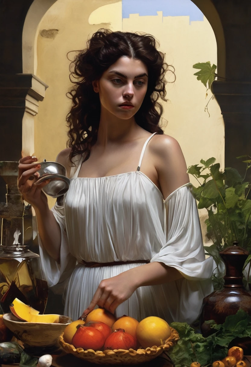 caravaggio lighting; high contrast; hyper-realism; Circe witch from madeline miller; her pig and leon; island of Circe; Godess; realism; circe is working in her garden; mistery; strenght; beautiful women; circe is collecting ingredients to do her potions; beautiful semi-transparent dress