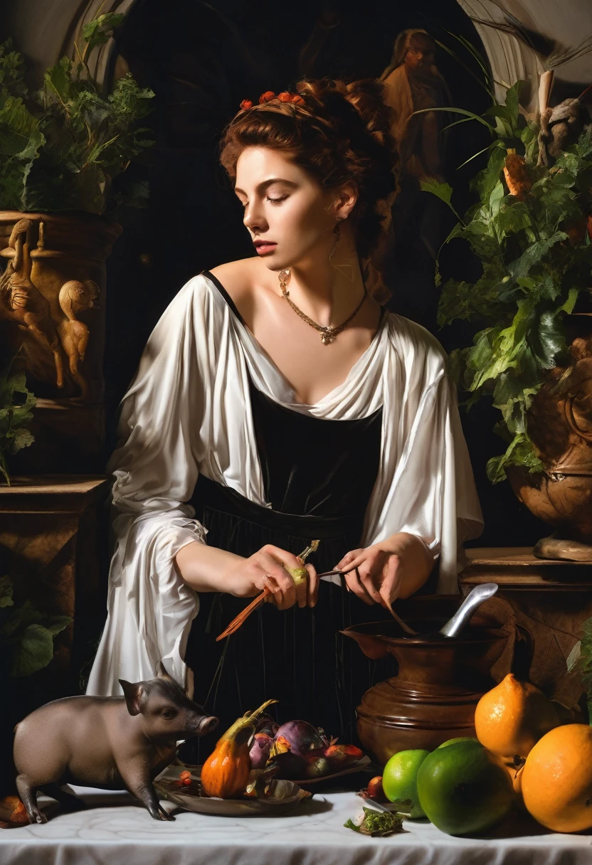caravaggio lighting; high contrast; hyper-realism; Circe witch from madeline miller; her pig and leon; island of Circe; Godess; realism; circe is working in her garden; mistery; strenght; beautiful women; circe is collecting ingredients to do her potions; beautiful semi-transparent dress