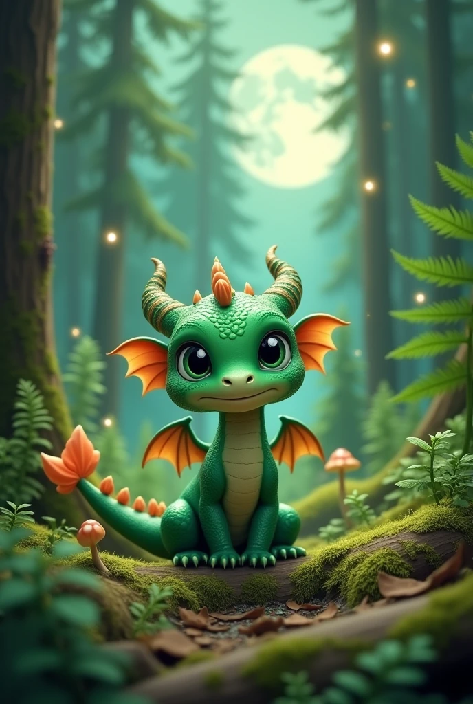 Fantasy Dragon cute Emerald green in the forest moonlight