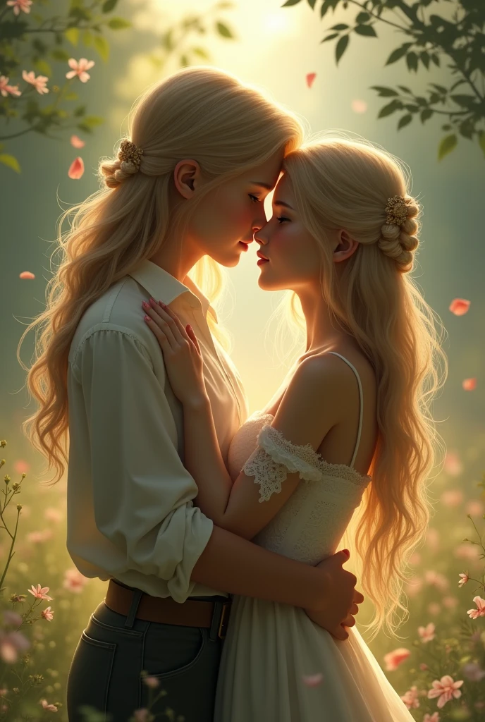 A young girl with long blonde hair kissing