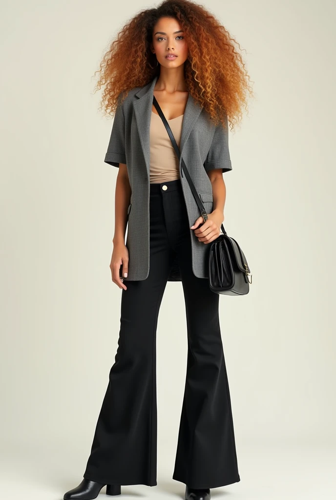 You can create a full body honey curly hair woman with a gray short closed blazer with short sleeves and with soft black flared pants and a black side bag with black boots 
