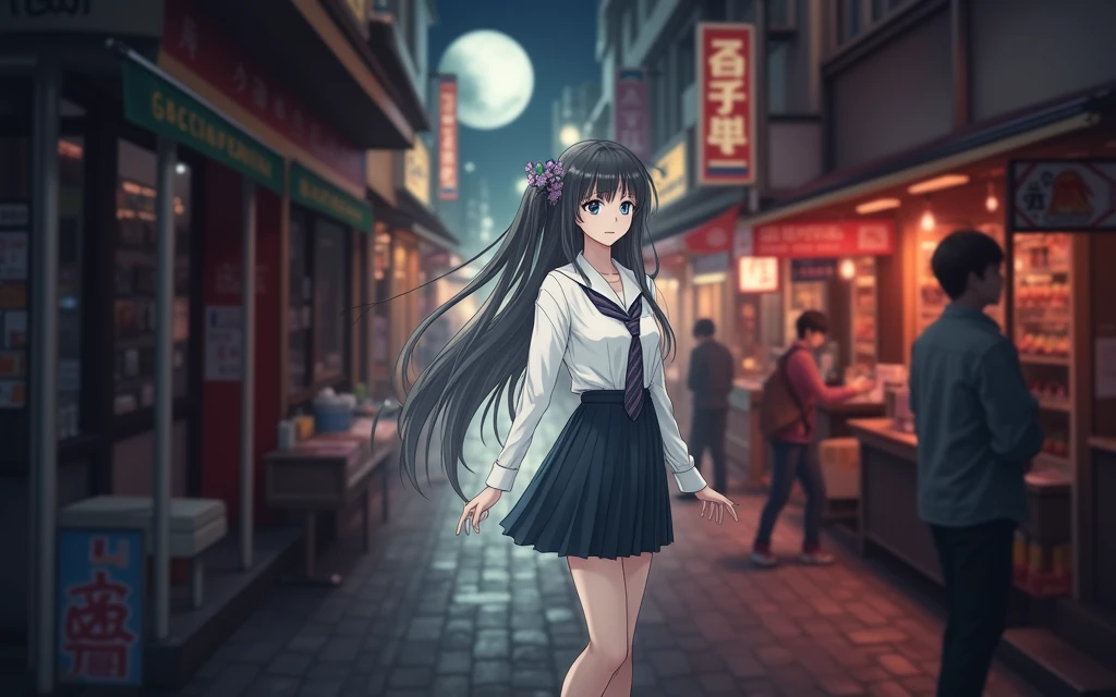 (backlighting,navel:1.1,black hair),A beautiful woman wearing school uniform on the bustling streets of Gintama, surrounded by vendors, beautiful portrait of a stunning goddess girl, beautiful detailed face, porcelain skin, half body shot, centered,((moonlight,night,big neons,strong neon lighting,rim lighting,two tone lighting))),
