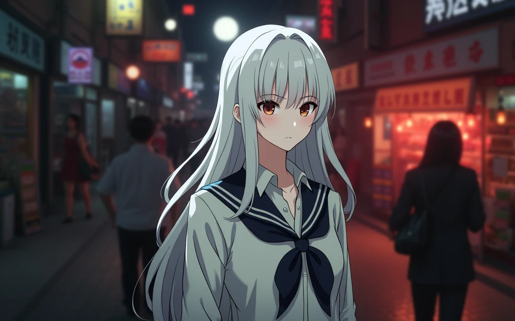 (backlighting,navel:1.1,black hair),A beautiful woman wearing school uniform on the bustling streets of Gintama, surrounded by vendors, beautiful portrait of a stunning goddess girl, beautiful detailed face, porcelain skin, half body shot, centered,((moonlight,night,big neons,strong neon lighting,rim lighting,two tone lighting))),